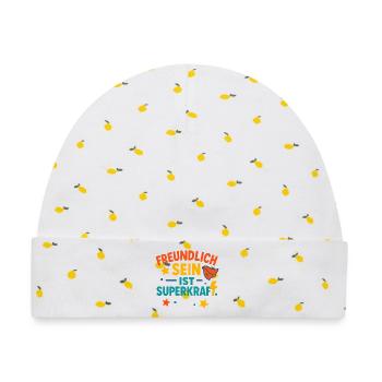 Freundlich Sein Superkraft, nettes Mutmacher Shirt - Baby Premium Organic Mütze - Weiß/Zitronengelb - Vorne