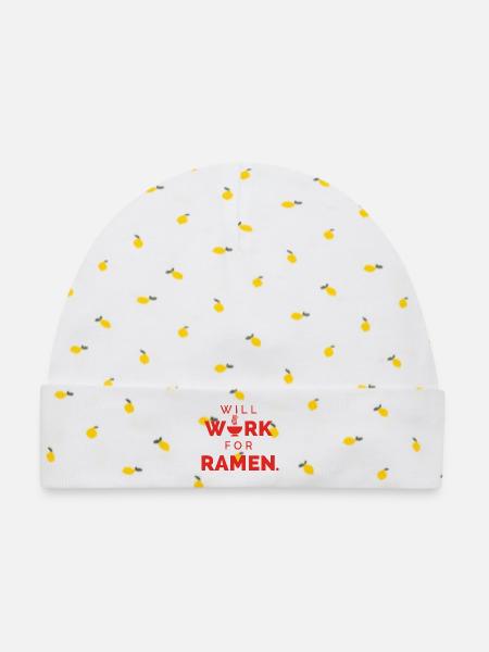 Will Work For Ramen – Lustiger Food Spruch - Baby Premium Organic Mütze - Weiß/Zitronengelb
