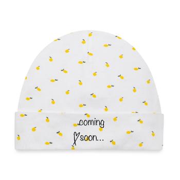 Coming Soon Schriftzug - Baby Premium Organic Mütze - Weiß/Zitronengelb - Vorne