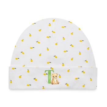 Teddy mit grünem Buchstaben T - Baby Premium Organic Mütze - Weiß/Zitronengelb - Vorne