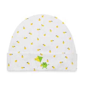 Grüner Frosch lässt einen Flugdrachen steigen – Fu - Baby Premium Organic Mütze - Weiß/Zitronengelb - Vorne