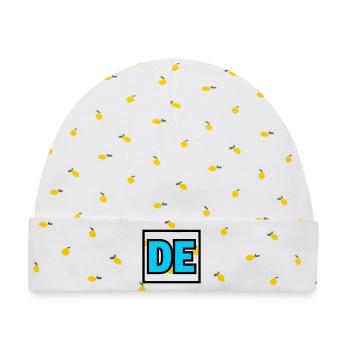 DE Initialen Buchstaben Logo - Baby Premium Organic Mütze - Weiß/Zitronengelb - Vorne