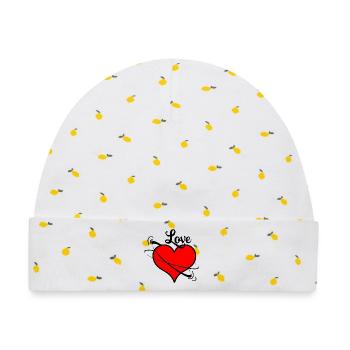 Bewegliches rotes Herz mit dem Text "Love" - Baby Premium Organic Mütze - Weiß/Zitronengelb - Vorne