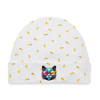 Kater mit Sonnenbrille - Baby Premium Organic Mütze - Weiß/Zitronengelb - Vorne