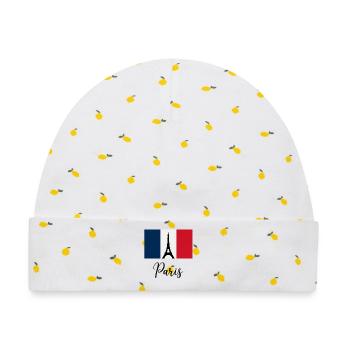 Paris Tricolore & Eiffelturm-Silhouette - Baby Premium Organic Mütze - Weiß/Zitronengelb - Vorne