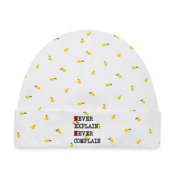 Never Explain – Never Complain, cooles Lebensmotto - Baby Premium Organic Mütze - Weiß/Zitronengelb - Vorne