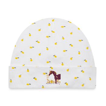 Lila Pferd mit Blumenring - Baby Premium Organic Mütze - Weiß/Zitronengelb - Vorne
