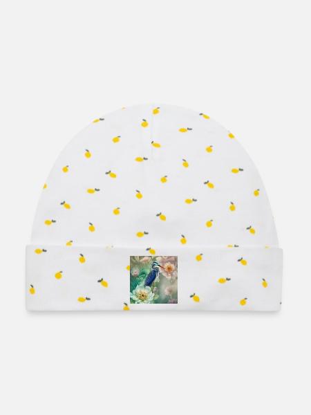 Der elegante Kranich mit Blumen - Baby Premium Organic Mütze - Weiß/Zitronengelb