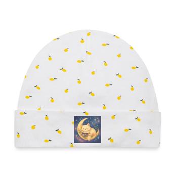 Schlafende Katze auf Mond in Sternenhimmel - Baby Premium Organic Mütze - Weiß/Zitronengelb - Vorne