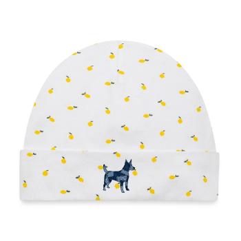Patchwork Hund aus Jeansstoff - Baby Premium Organic Mütze - Weiß/Zitronengelb - Vorne