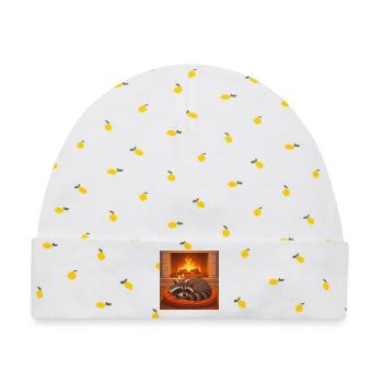 Gemütlicher Waschbär am Kamin - Baby Premium Organic Mütze - Weiß/Zitronengelb - Vorne
