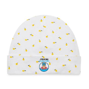 Aqua-Pony auf Donut-Boje - Baby Premium Organic Mütze - Weiß/Zitronengelb - Vorne