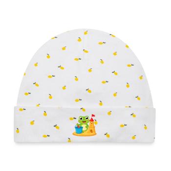 Kawaii-Frosch am Strand mit Eimer & Sandburg – Süß - Baby Premium Organic Mütze - Weiß/Zitronengelb - Vorne