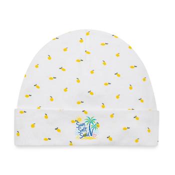 Sun Salt Sand – Sommer Strand Palmen Design - Baby Premium Organic Mütze - Weiß/Zitronengelb - Vorne
