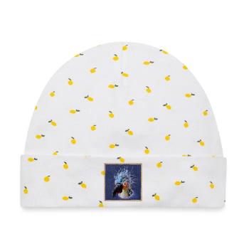 Krallo Kreisch™ Kultvogel Pop-Out Lederoptik blau - Baby Premium Organic Mütze - Weiß/Zitronengelb - Vorne