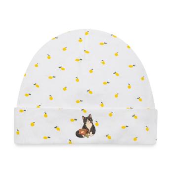 Gemütliche Katze mit Teetasse - Baby Premium Organic Mütze - Weiß/Zitronengelb - Vorne