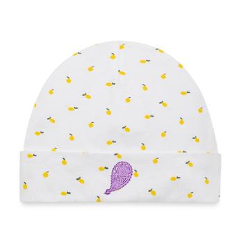 Lila Paisley-Tropfenmuster - Baby Premium Organic Mütze - Weiß/Zitronengelb - Vorne