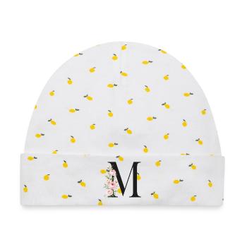 M Buchstabe Monogram Floral - Baby Premium Organic Mütze - Weiß/Zitronengelb - Vorne