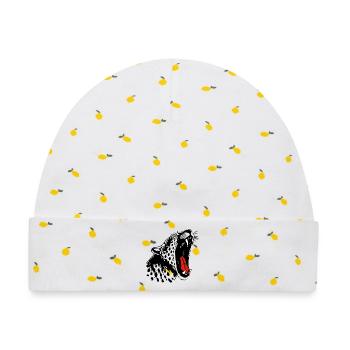 Monochrom Schwarz: Leopard mit Akzent Roter Zunge - Baby Premium Organic Mütze - Weiß/Zitronengelb - Vorne
