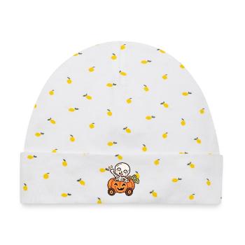 Lustiges Skelett im Kürbisauto – Halloween - Baby Premium Organic Mütze - Weiß/Zitronengelb - Vorne