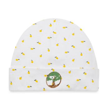 Moos Baum Medallion in Holz und Moos Optik - Baby Premium Organic Mütze - Weiß/Zitronengelb - Vorne