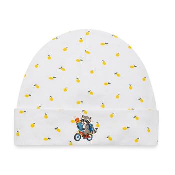 Waschbär mit Schultüte auf dem Fahrrad - Baby Premium Organic Mütze - Weiß/Zitronengelb - Vorne