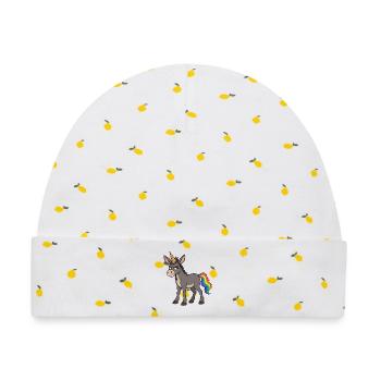 Grummeliger Esel-Einhorn zeigt einen Regenbogenschwanz - Baby Premium Organic Mütze - Weiß/Zitronengelb - Vorne
