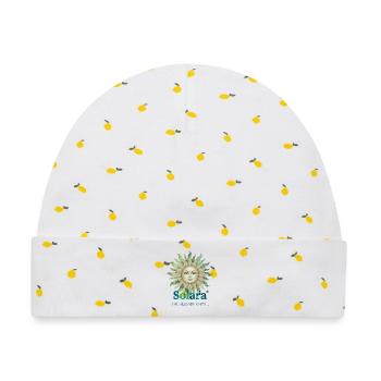 Solara Sun mit Vintage-Schrift - Baby Premium Organic Mütze - Weiß/Zitronengelb - Vorne