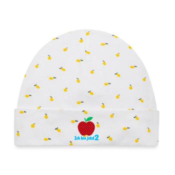 Ich bin jetzt 2 mit Apfelmotiv - Baby Premium Organic Mütze - Weiß/Zitronengelb - Vorne