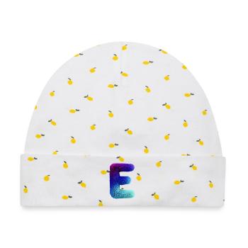 Buchstabe E Fell-Effekt | Farbverlauf Purpur Blau  - Baby Premium Organic Mütze - Weiß/Zitronengelb - Vorne