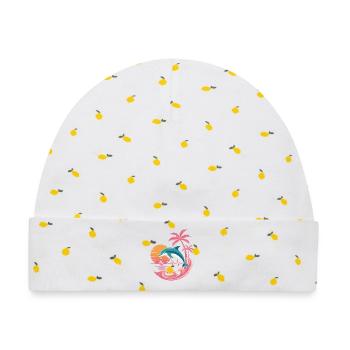 Delfin und Palmen Sonnenuntergang Design - Baby Premium Organic Mütze - Weiß/Zitronengelb - Vorne