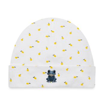 Denim Patchwork Frosch - Baby Premium Organic Mütze - Weiß/Zitronengelb - Vorne