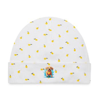 Fröhlicher Hund mit Ball Cartoon - Baby Premium Organic Mütze - Weiß/Zitronengelb - Vorne