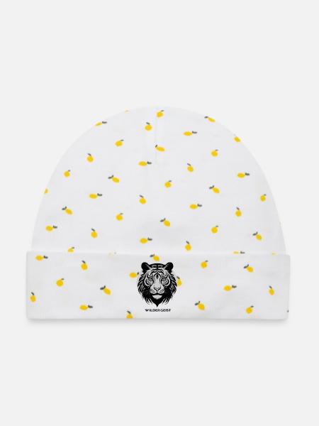 Tigergesicht im Kreis-Design - Baby Premium Organic Mütze - Weiß/Zitronengelb