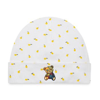 Patchwork Teddybär Unikat aus Flicken Knopfauge - Baby Premium Organic Mütze - Weiß/Zitronengelb - Vorne