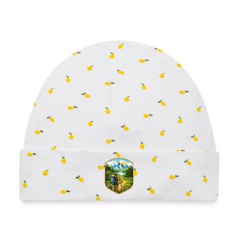 Wanderer Patch mit Berglandschaft  - Baby Premium Organic Mütze - Weiß/Zitronengelb - Vorne
