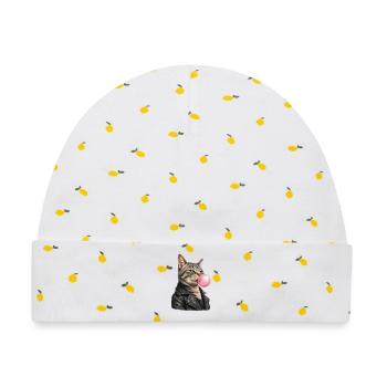 Coole Katze mit Lederjacke - Baby Premium Organic Mütze - Weiß/Zitronengelb - Vorne