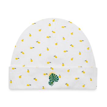 Monstera Blatt mit Sonne – Boho Botanical - Baby Premium Organic Mütze - Weiß/Zitronengelb - Vorne