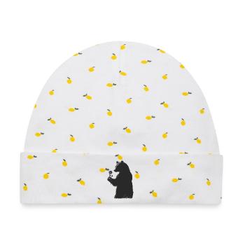 Sanfter Bär mit Blume in der Hand–Silhouetten-Stil - Baby Premium Organic Mütze - Weiß/Zitronengelb - Vorne