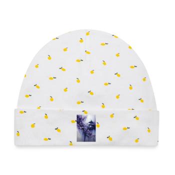 Lila Pagode und Blumen - Baby Premium Organic Mütze - Weiß/Zitronengelb - Vorne