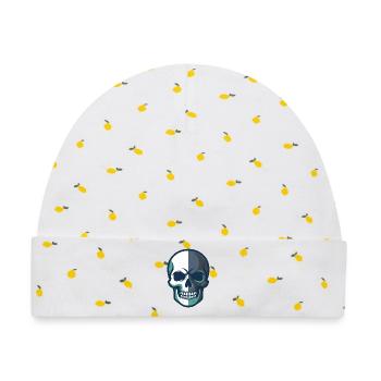 Stilisierte Totenkopfgrafik mit geteiltem Farbdesign - Baby Premium Organic Mütze - Weiß/Zitronengelb - Vorne