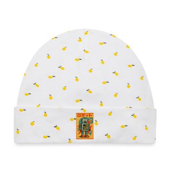 ROBOT Retro Blech Spielzeug Kunstdruck in japanischem Katakana - Baby Premium Organic Mütze - Weiß/Zitronengelb - Vorne