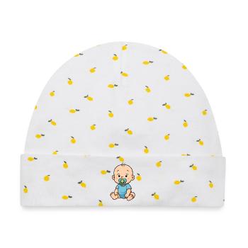 Spielerisches Baby mit Knuddel-Pacifier - Baby Premium Organic Mütze - Weiß/Zitronengelb - Vorne