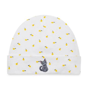 Russisch Blau Kawaii Style – Süße Katze - Baby Premium Organic Mütze - Weiß/Zitronengelb - Vorne