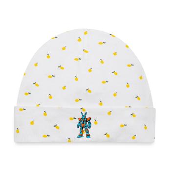 Robo Rabbit orange-blau - Baby Premium Organic Mütze - Weiß/Zitronengelb - Vorne