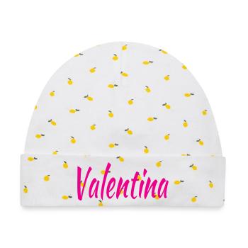 Valentina Kalligrafie Pink - Baby Premium Organic Mütze - Weiß/Zitronengelb - Vorne