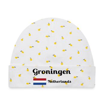 Groningen Niederlande - Stilvolle Drucke - Baby Premium Organic Mütze - Weiß/Zitronengelb - Vorne