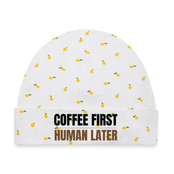 Coffee First Human Später Funny Coffee Lover Design - Baby Premium Organic Mütze - Weiß/Zitronengelb - Vorne