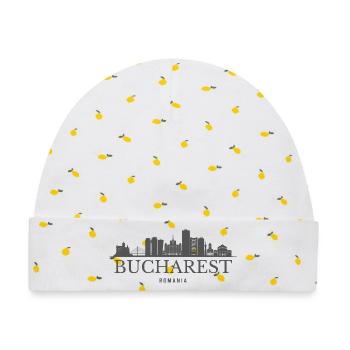 Bukarest-Rumänien-Skyline, Bukarester Silhouette - Baby Premium Organic Mütze - Weiß/Zitronengelb - Vorne