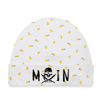 MOIN mit Totenkopf, Logo und Säbel schwarz - Baby Premium Organic Mütze - Weiß/Zitronengelb - Vorne